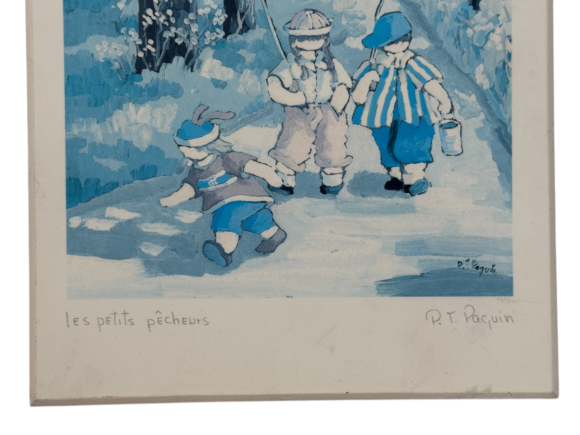 Vintage Québec art print Les petits pêcheurs by Paul-Émile Paquin, mid-century folkloric illustration with pencil signature, classic Canadian décor.