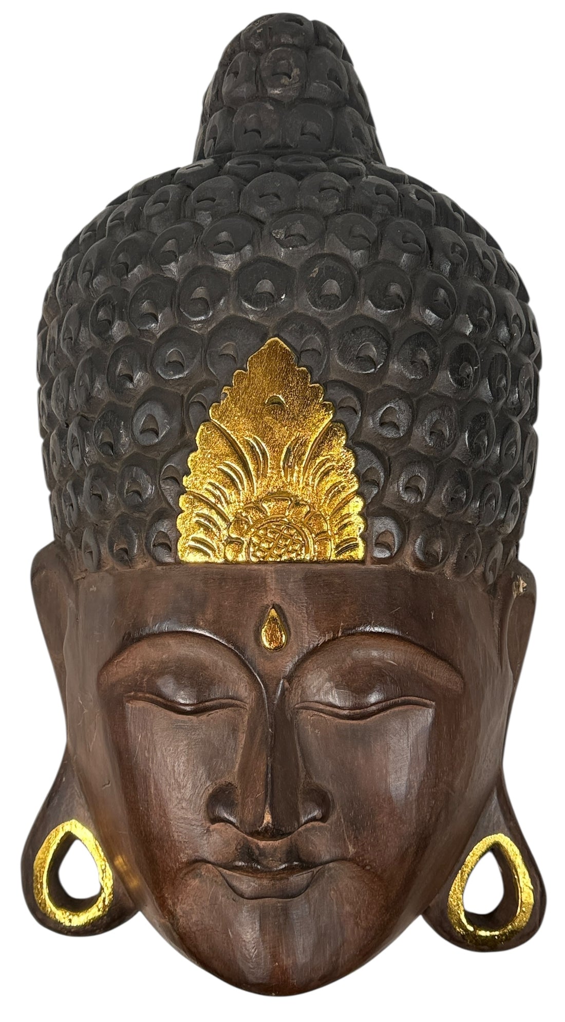 Large hand-carved wooden Buddha wall mask with gold accents, 20 inches tall. Southeast Asian decorative carving, hollow-back wall mount.