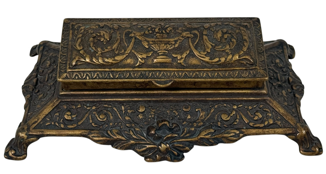 Vintage Italian cast metal desk stamp box in antique Victorian style with divided interior and aged bronze finish. Decorative postal desk accessory.