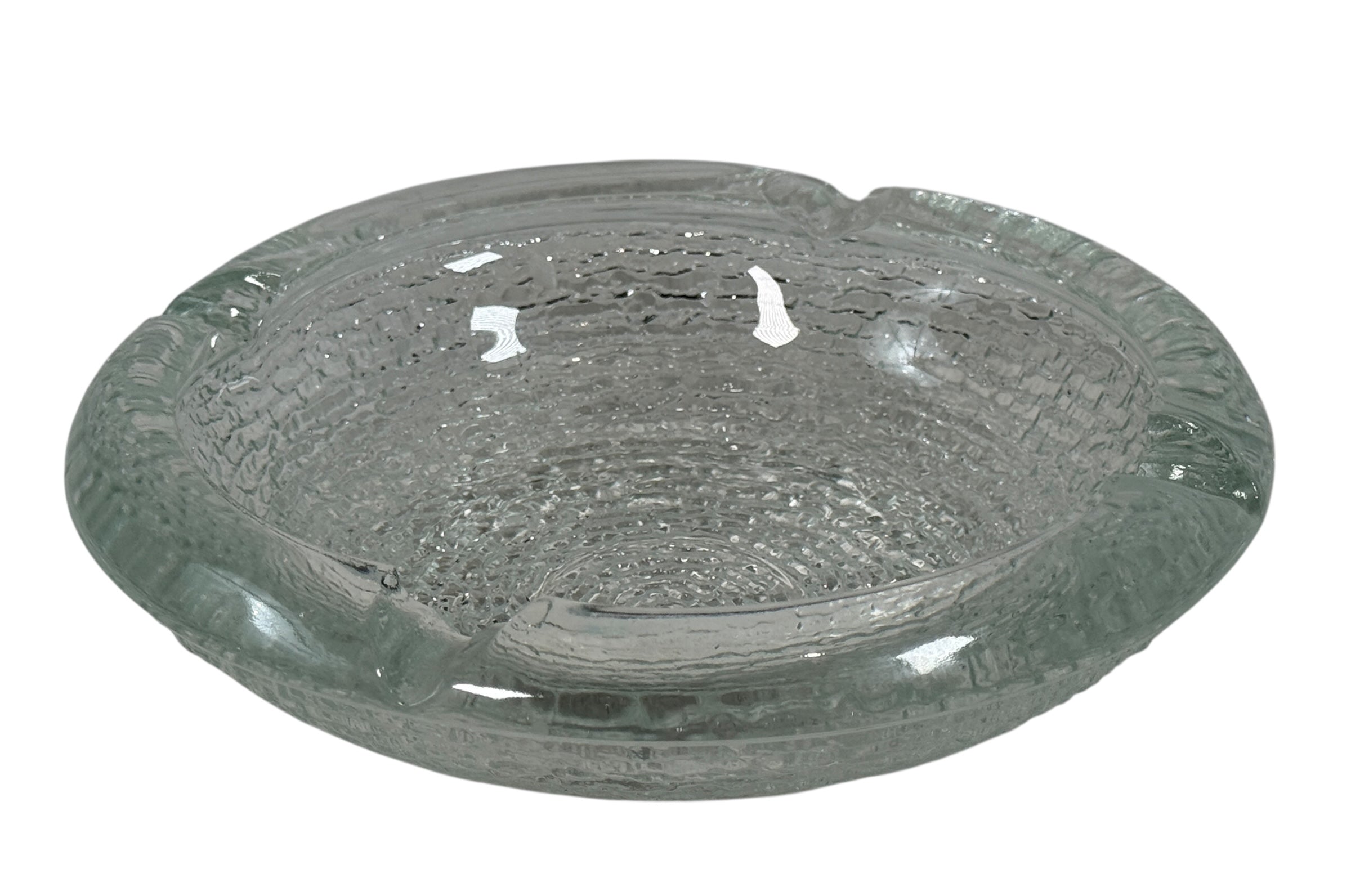Vintage Iittala Ultima Thule glass ashtray by Tapio Wirkkala, 8 inch diameter. Iconic Finnish modernist pressed glass design.