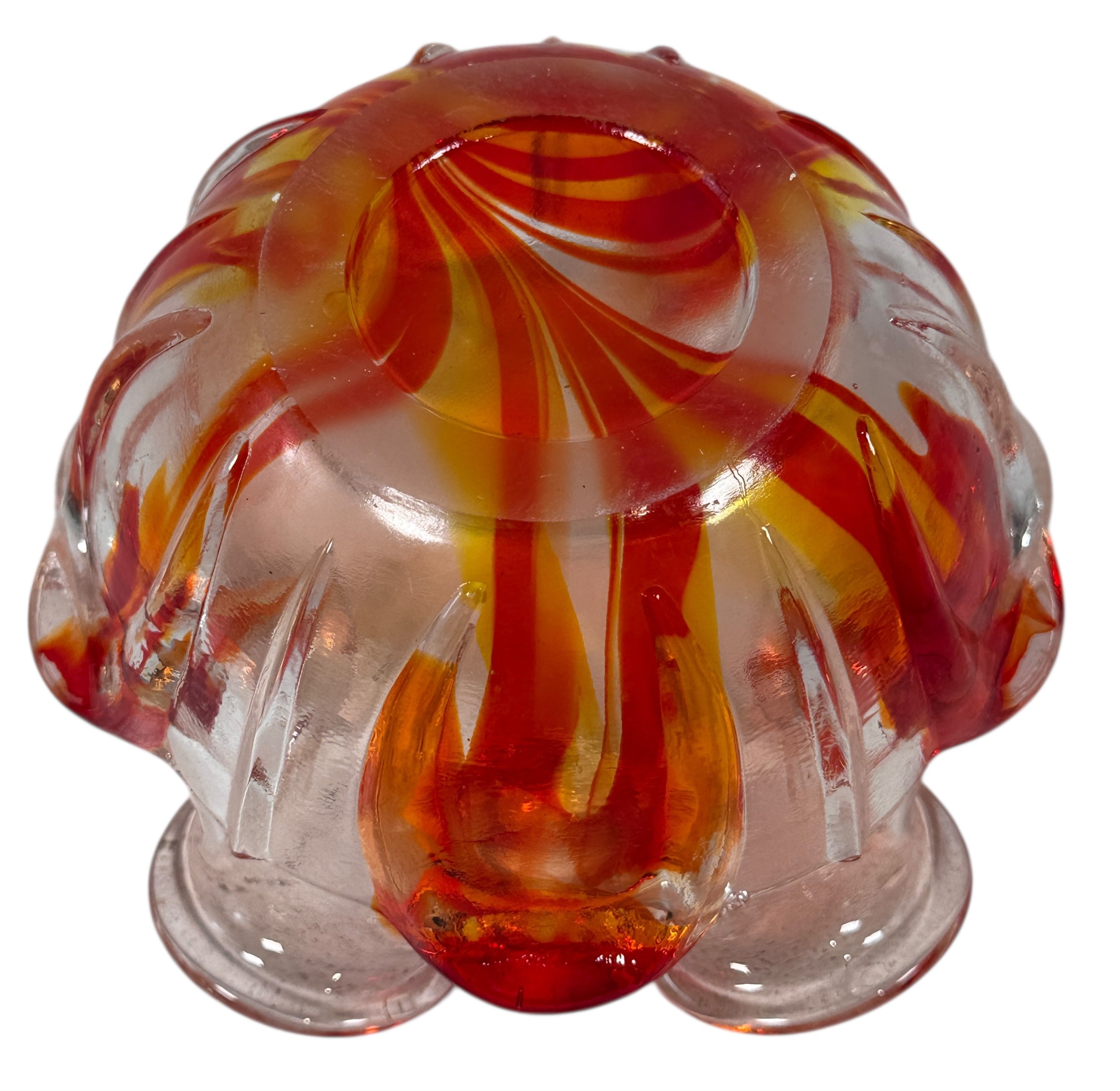 Vintage Murano-style Italian sommerso art glass bowl with red and amber encased glass and folded rim. Hand-blown decorative bowl, 6 inches wide.