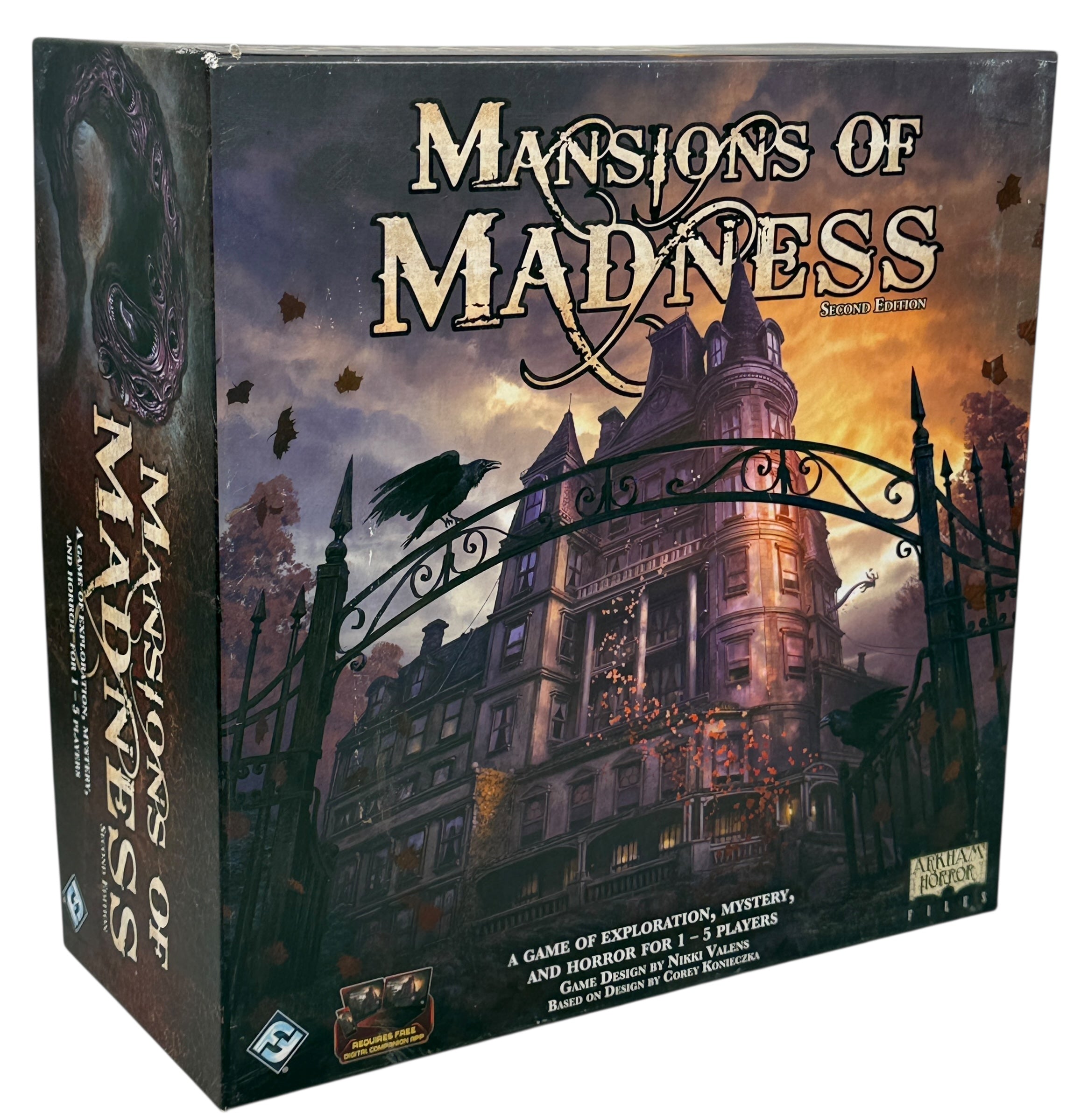 Cooperative horror board game for 1–5 players. Mansions of Madness Second Edition by Fantasy Flight, complete with tiles, minis, and rules.