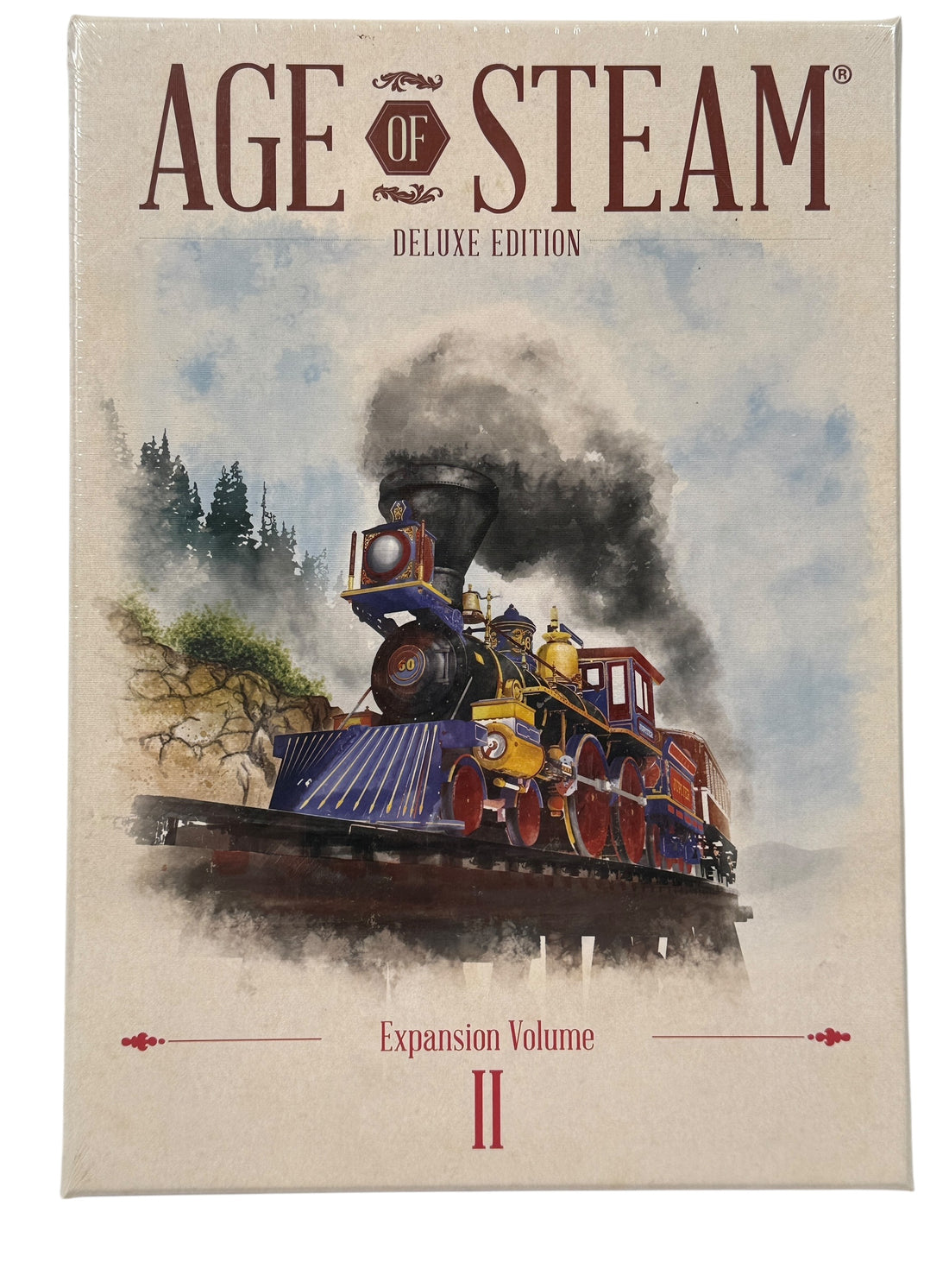 Sealed Age of Steam Deluxe Expansion Volume II with 7 maps including solo play. Essential expansion for fans of the classic railway strategy game.