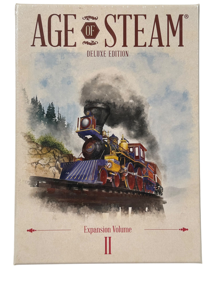 Sealed Age of Steam Deluxe Expansion Volume II with 7 maps including solo play. Essential expansion for fans of the classic railway strategy game.