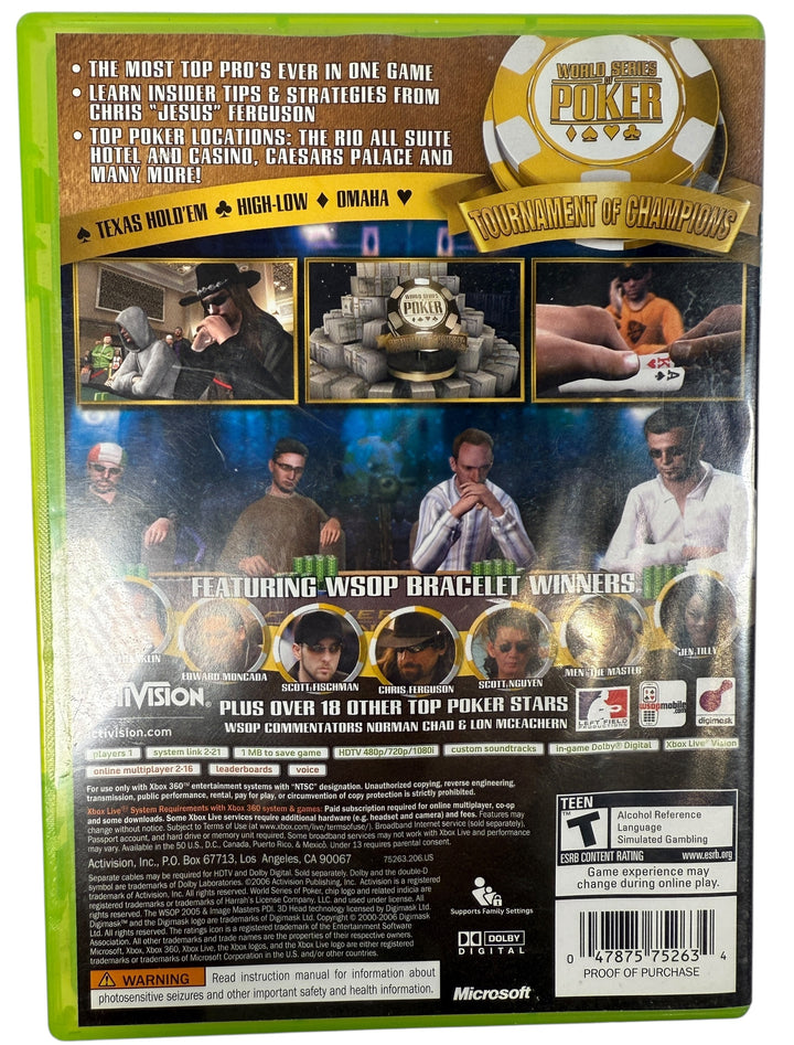 Xbox 360 World Series of Poker Tournament of Champions 2007. Authentic WSOP poker gameplay with original case. Tested and working retro console game.