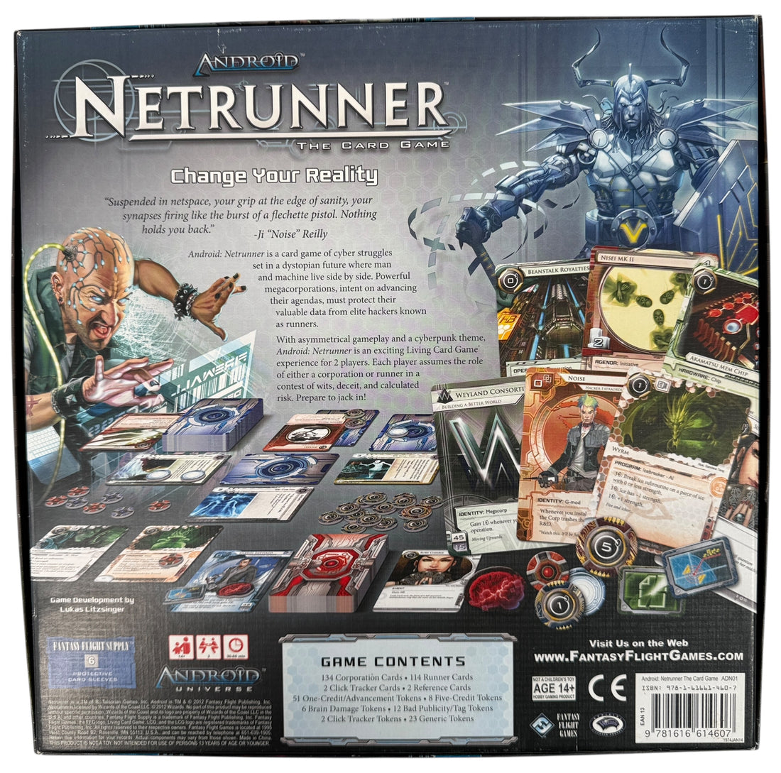 Out-of-print Android Netrunner Core Set by Fantasy Flight Games. Complete with sealed cards and unused tokens. Collector-grade cyberpunk card game.