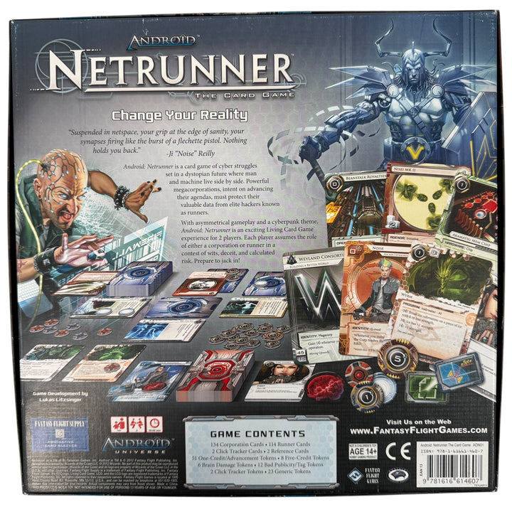 Out-of-print Android Netrunner Core Set by Fantasy Flight Games. Complete with sealed cards and unused tokens. Collector-grade cyberpunk card game.
