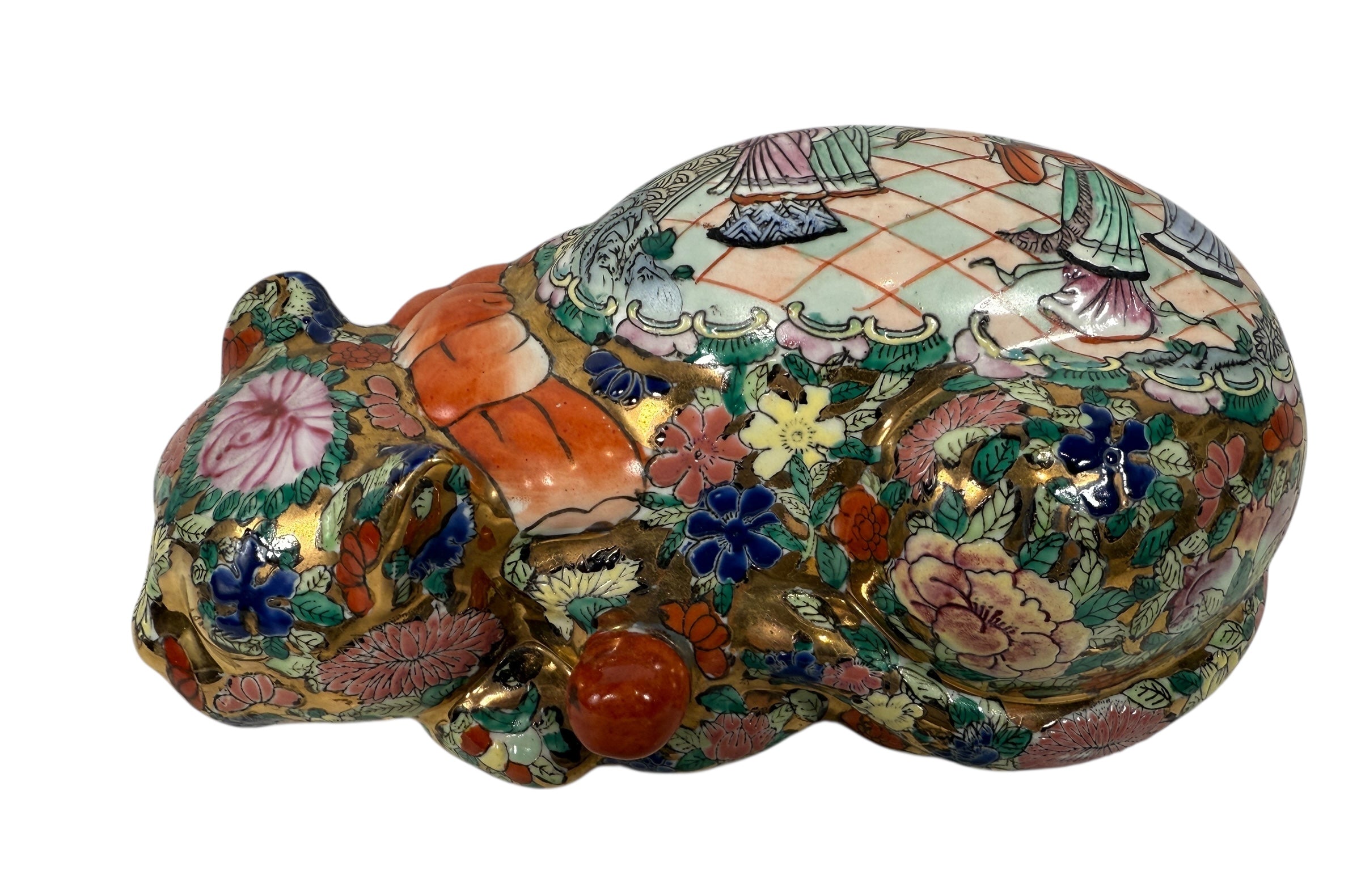 Large hand-painted Asian porcelain sleeping cat with floral décor and gold gilt. Mid-century Chinese export statement décor piece.