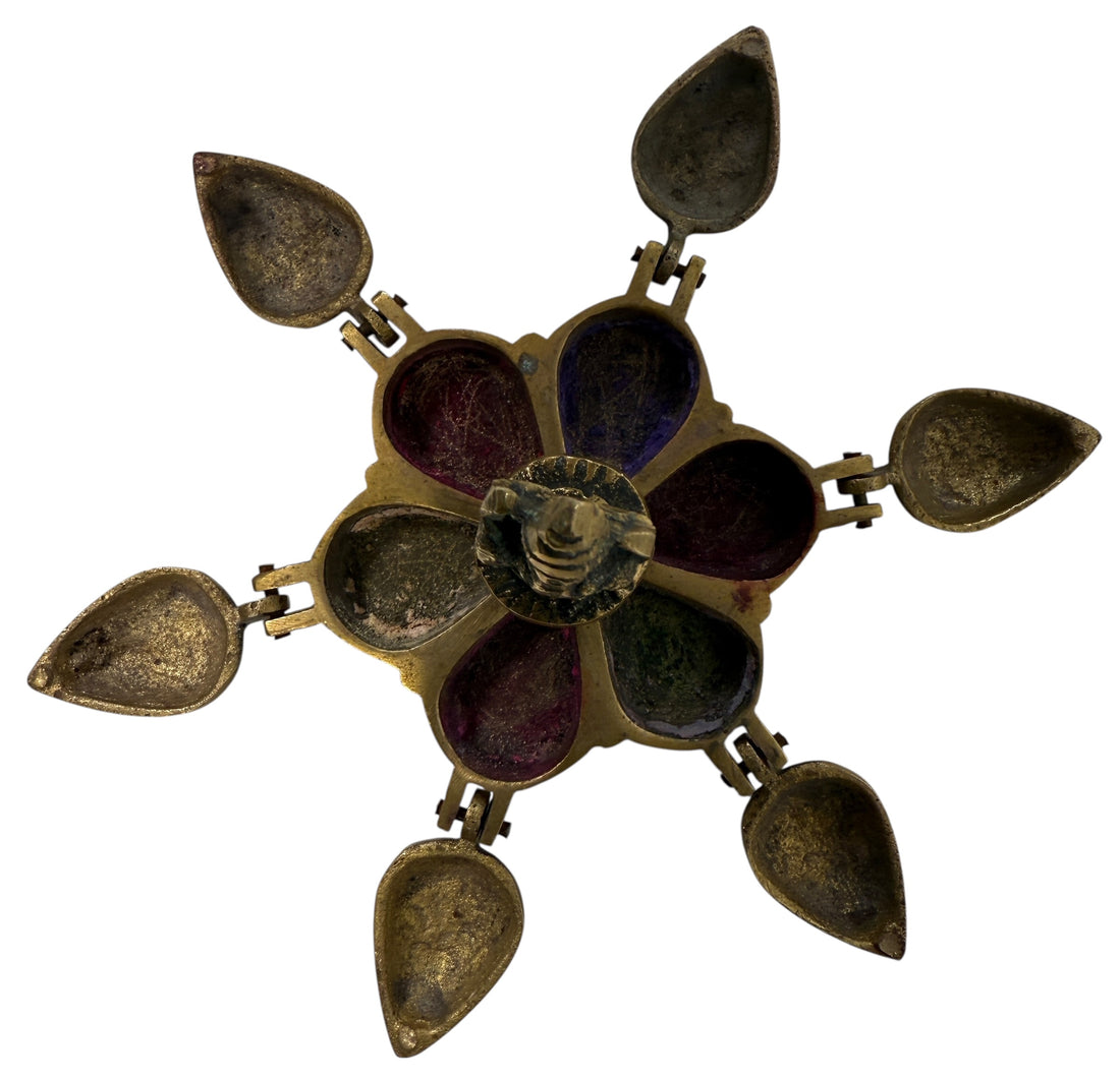 Vintage Indian brass folding incense burner with Ganesha, six hinged compartments in lotus form. Solid brass devotional ritual piece.