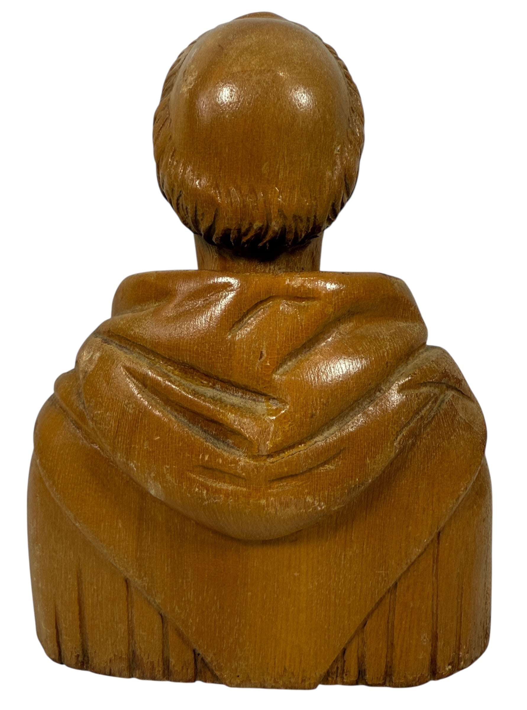 Hand-carved mid-century wood monk bust. Vintage religious décor from Europe. Warm handcrafted detail. Ideal for collectors and spiritual home staging.