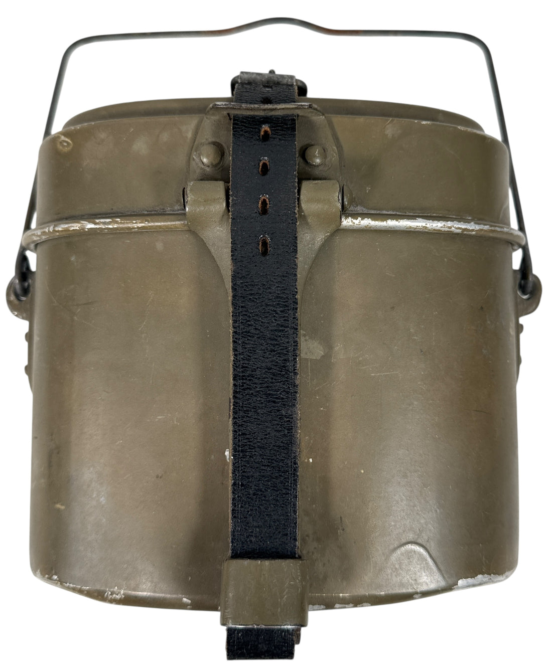 Vintage Swedish Army steel mess kit with original leather strap, WWII era field gear in good condition. Collectible military surplus. Fast shipping from Canada.