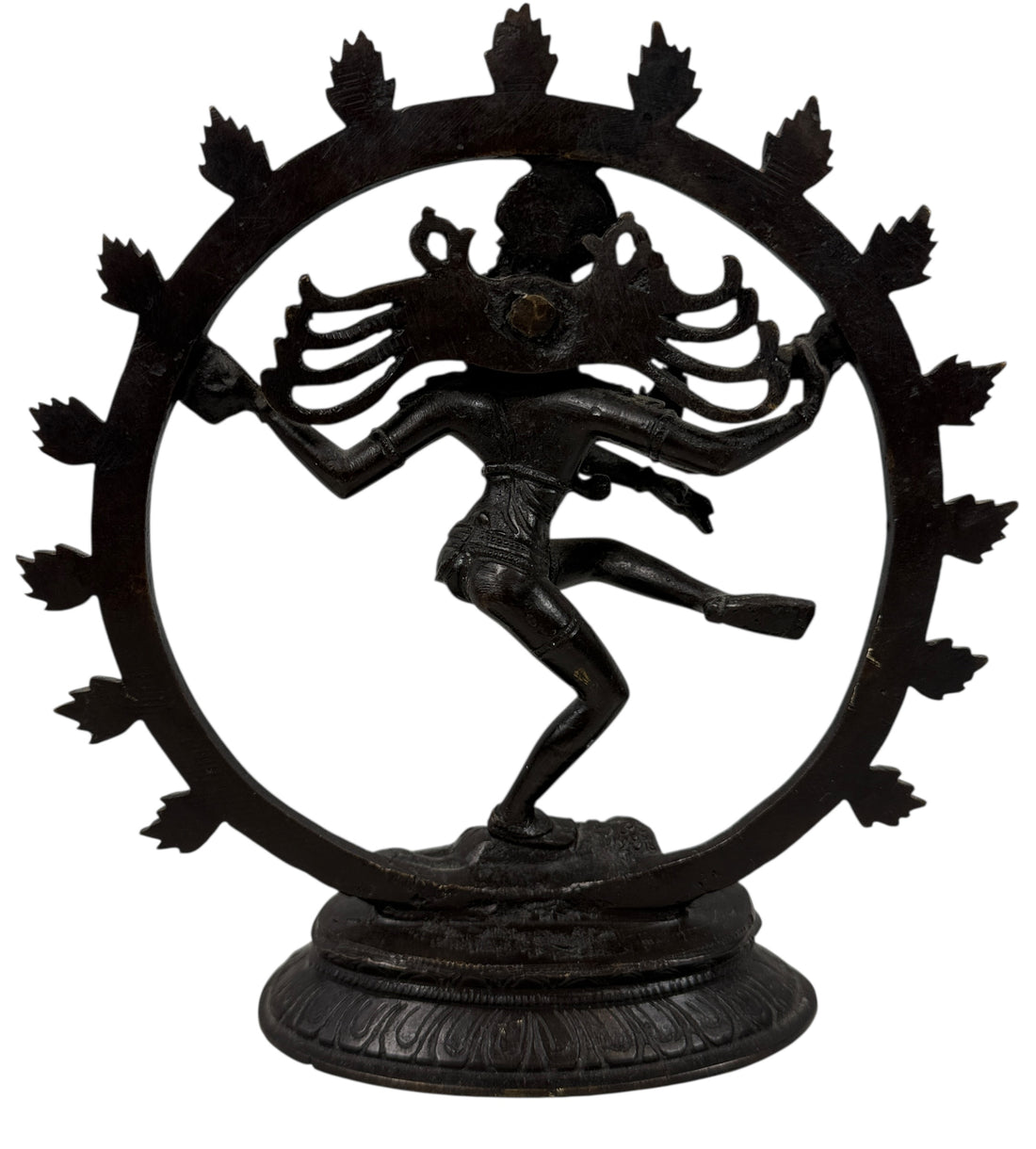 Indian Shiva Nataraja brass statue with cosmic ring of flames. Vintage devotional décor for altar, yoga or meditation spaces. Late 20th century. India.