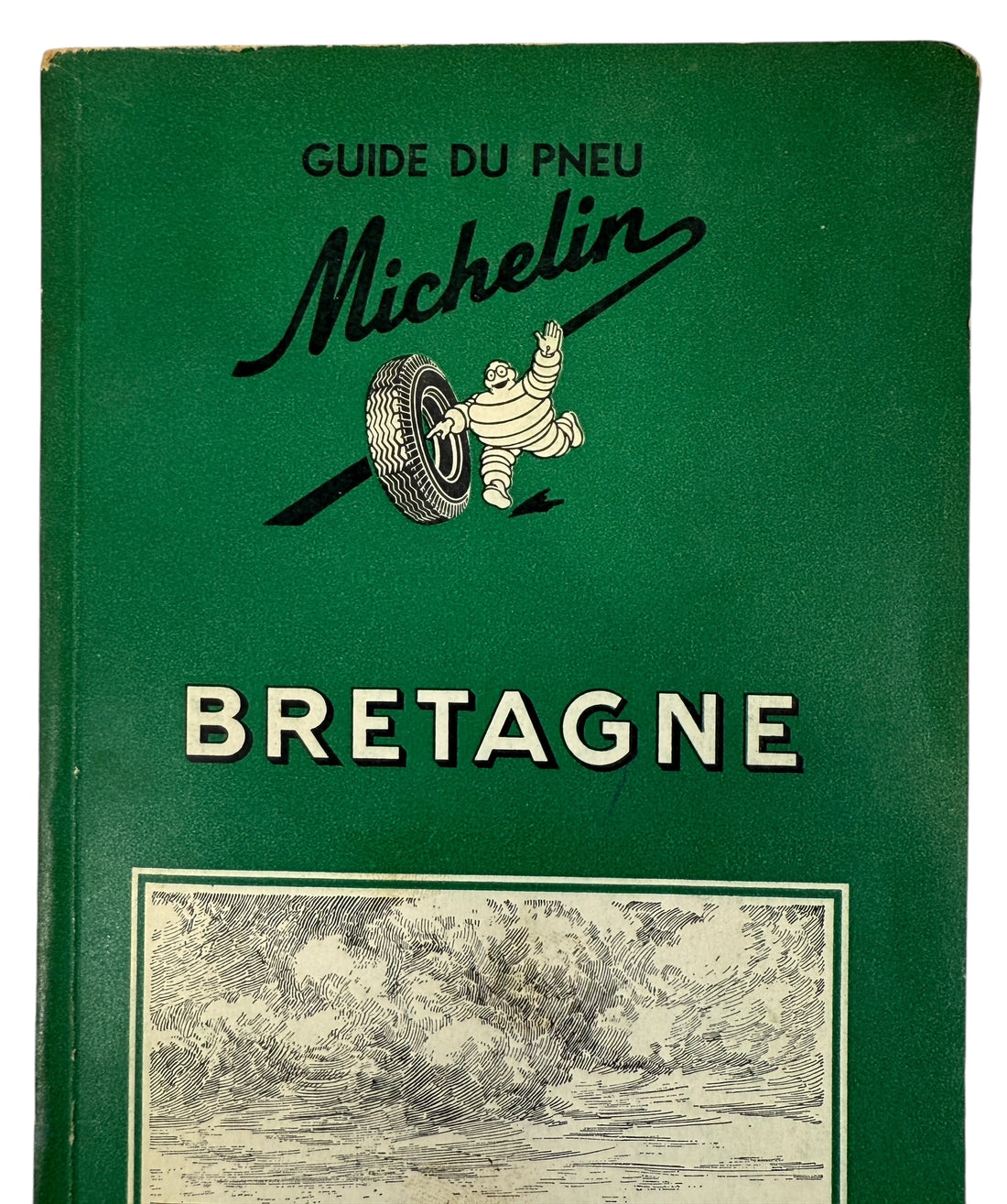 Vintage 1959 Michelin Bretagne Guide Vert, 16th edition with classic Bibendum cover and engravings. Collectible French motoring guide in good condition.