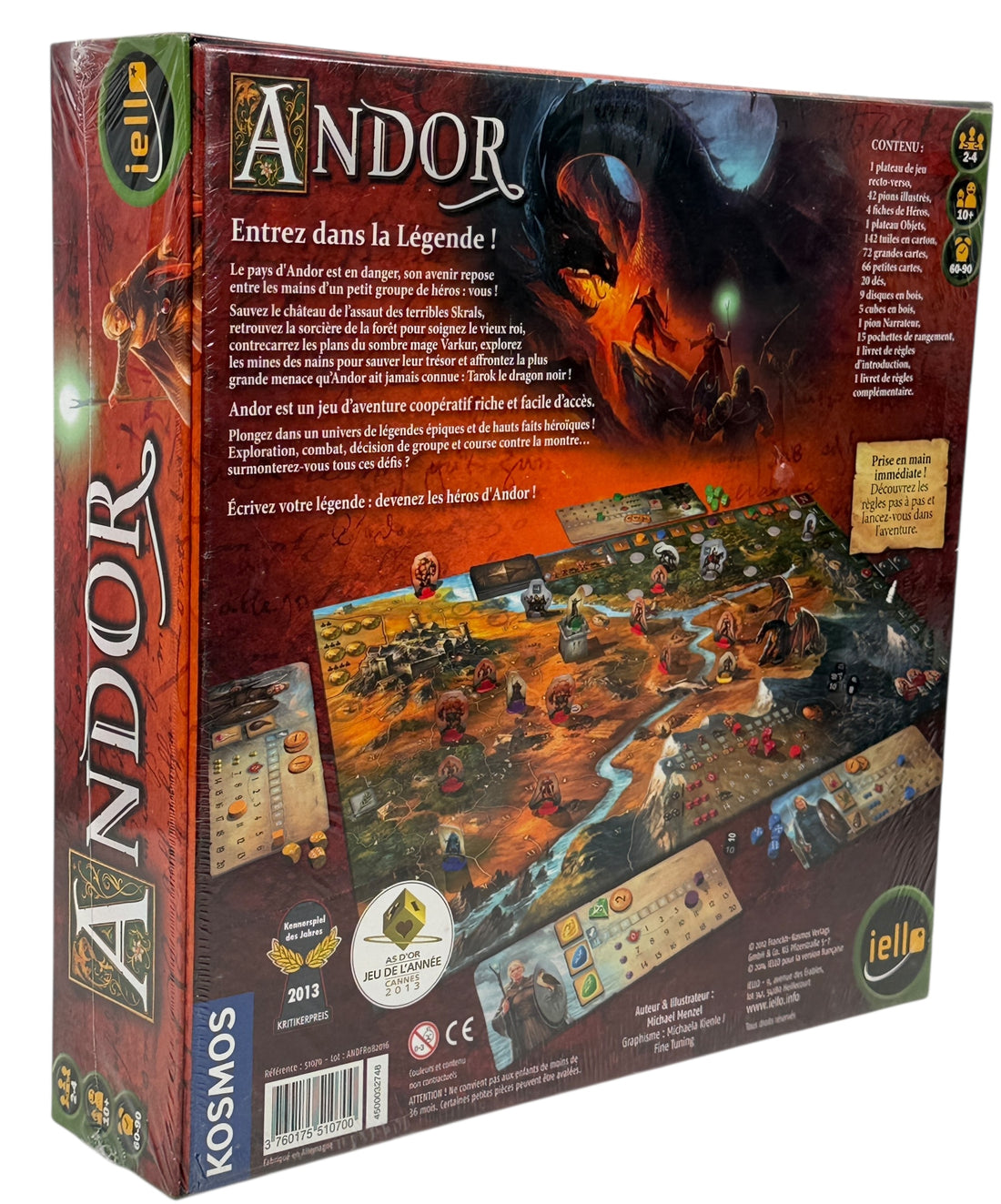 Award-winning cooperative board game Andor, sealed French edition by IELLO/Kosmos. Fantasy adventure, 2–4 players, ages 10+, giftable sealed copy.
