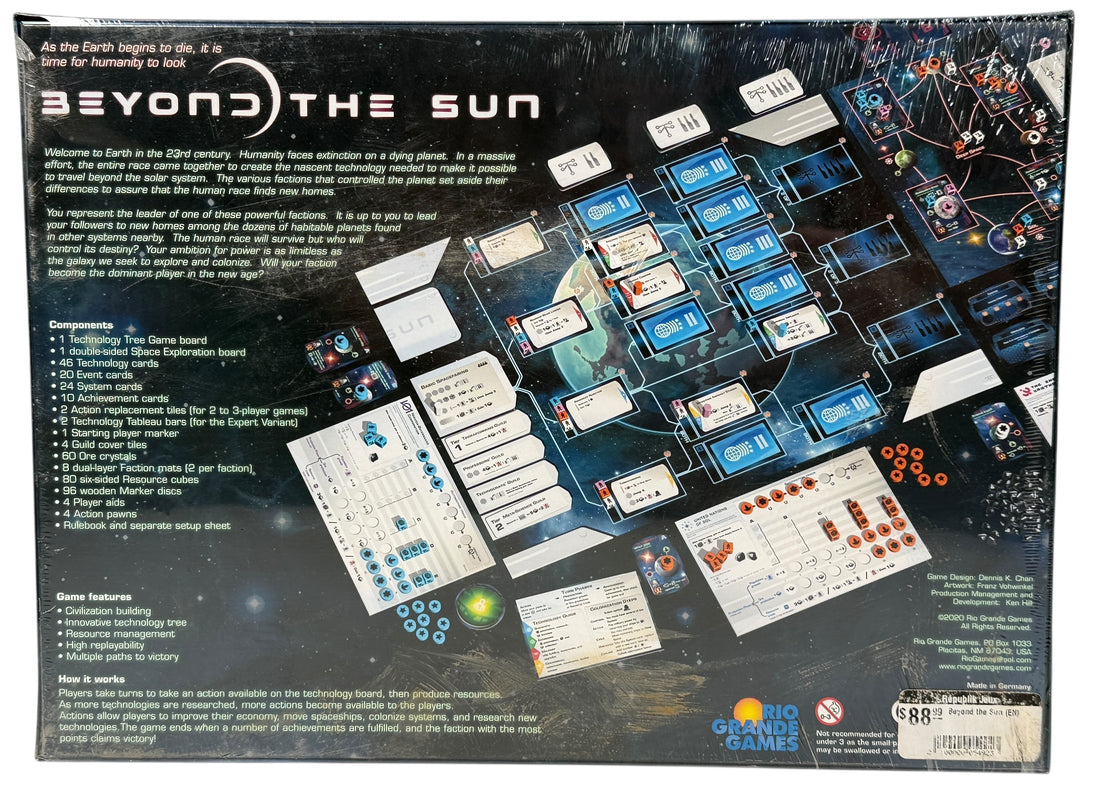 Factory-sealed Beyond the Sun sci-fi strategy board game. Tech-tree engine building gameplay for 2–4 players. New shrink,&nbsp; highly rated.