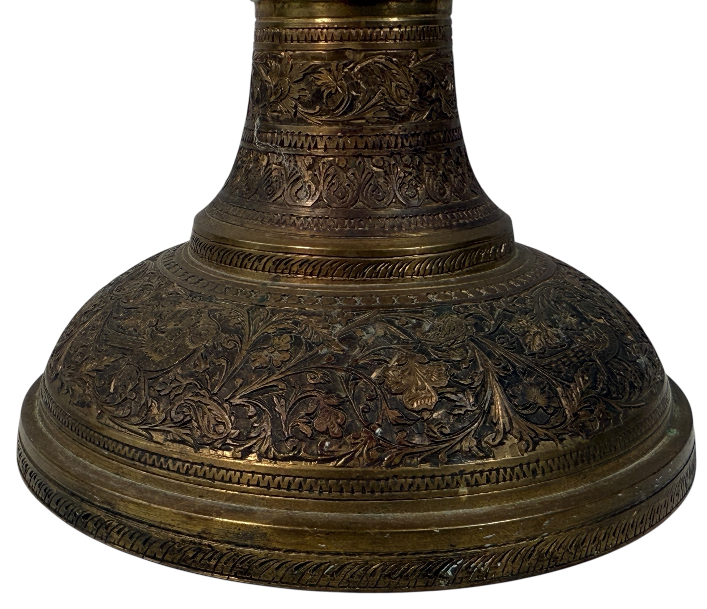 Vintage Indian brass vase with hand-chased bird and floral motifs, 16.5" tall. Mid-century décor with patina. Ships worldwide from Montreal.