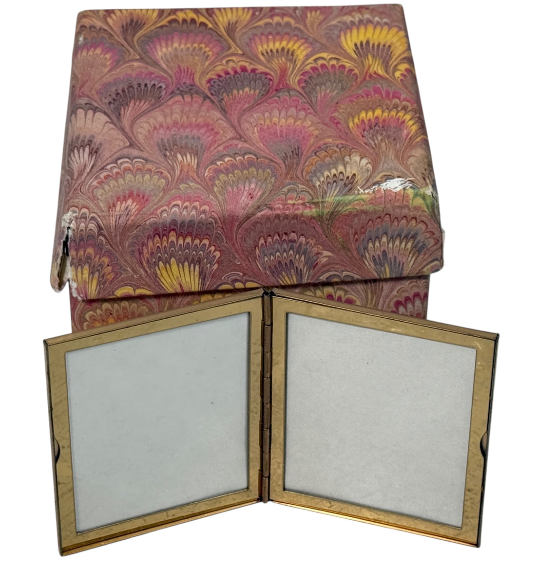 Vintage Whiting &amp; Davis gold-tone mesh double picture frame with original box. Mid-century display piece for vanity or desk. Collectible and giftable.