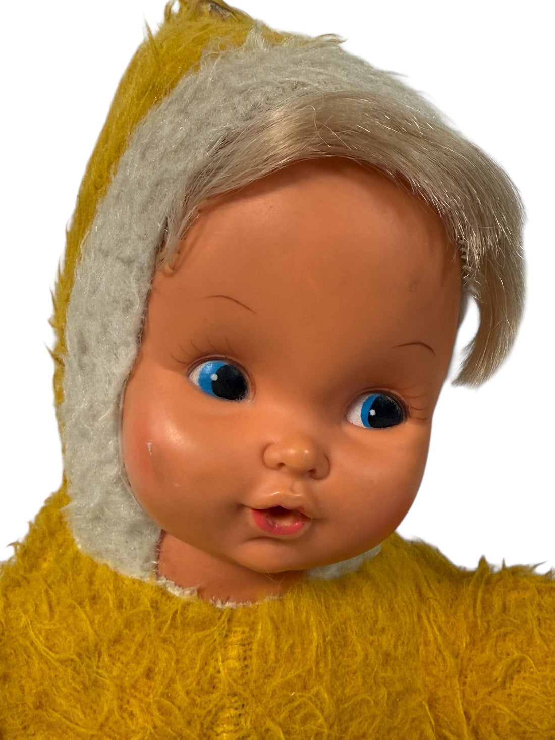 Vintage 1950s wind-up musical baby doll in yellow plush suit with vinyl face. Music plays well. Great display collectible. Ships from Canada.