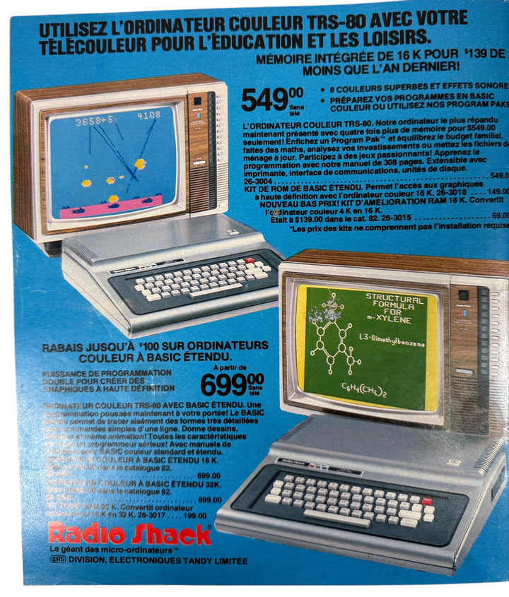 1983 Radio Shack French-Canadian catalog with TRS-80 and Realistic hi-fi ads. Retro computing &amp; audio collectible in Very Good vintage condition.