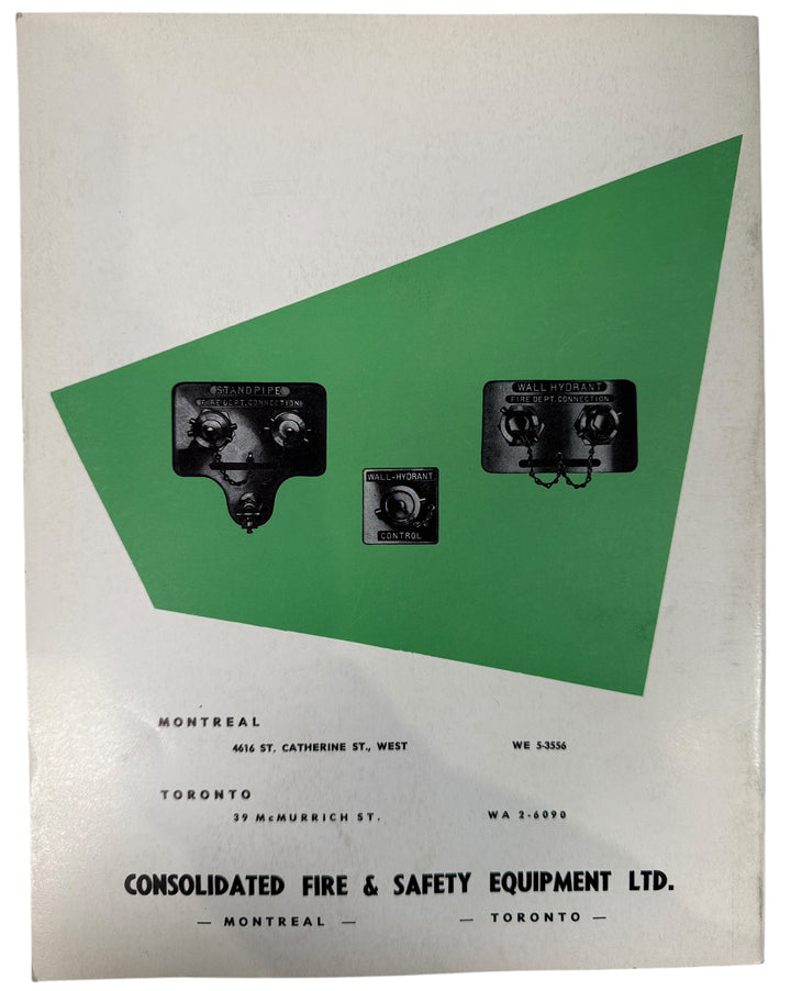 Mid-century Consolidated fire protection catalogue with hose cabinets, CO2 systems and extinguishers. Industrial Canadian ephemera for collectors and design.