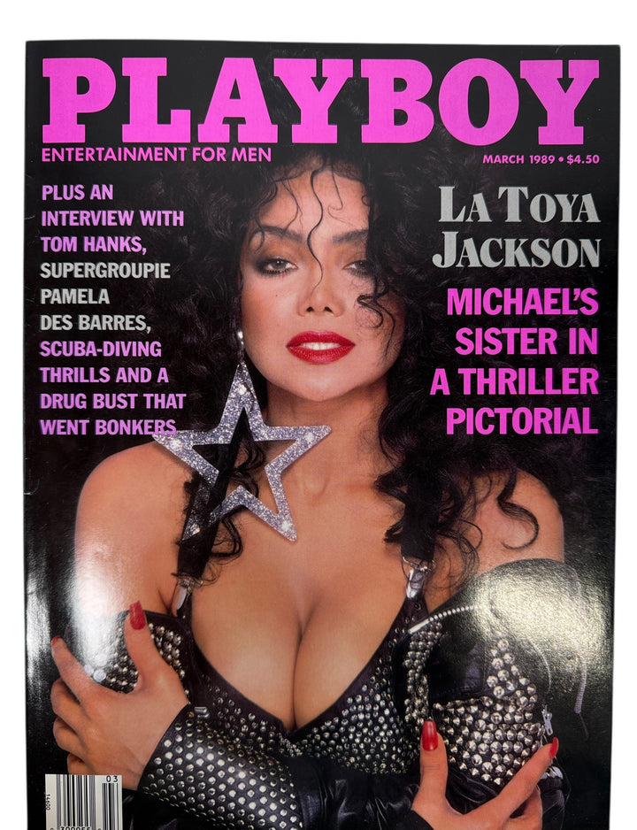 Near Mint March 1989 Playboy featuring La Toya Jackson cover, Tom Hanks interview, and Pamela Des Barres feature. Clean collector-grade complete issue.