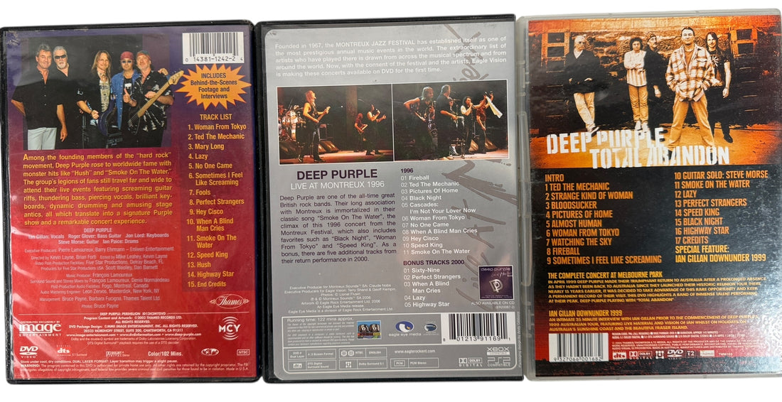 Deep Purple concert DVD lot with Perihelion, Montreux, and Total Abandon Australia. Clean discs, inserts included. Ideal for fans and collectors.