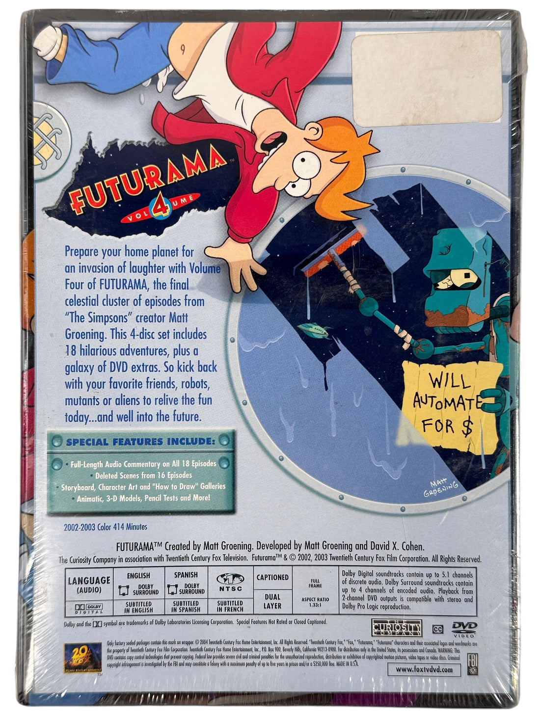 Sealed Futurama Volume 4 4-disc DVD with commentary, deleted scenes and extras. Region 1 NTSC 2002-2003 episodes. Collectible animation media sealed.