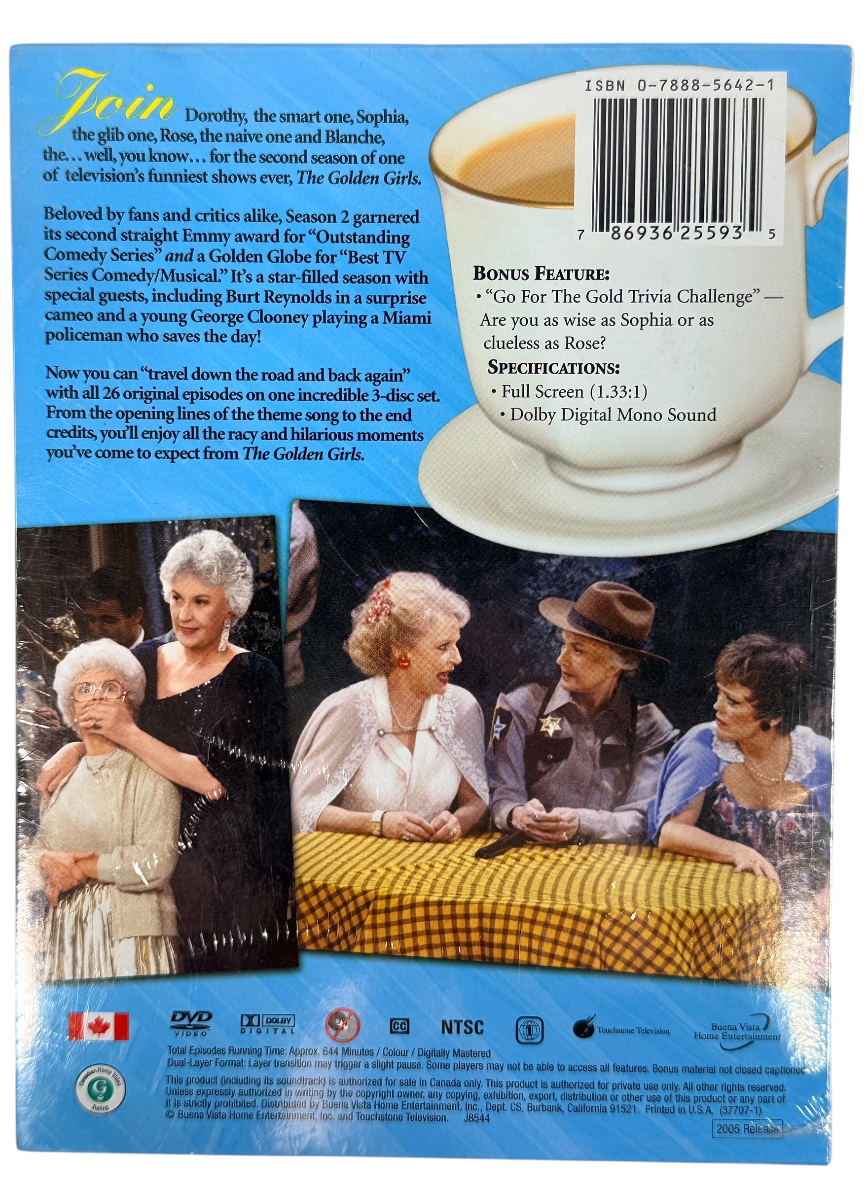 Sealed Golden Girls Season 2 DVD set. 2005 NTSC 3-disc release from Buena Vista/Touchstone. Collectible sealed sitcom media with strong nostalgia demand.