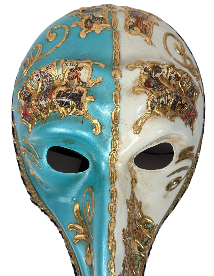 Venetian plague doctor mask with tarot collage and gilt scroll trim. Hand-finished papier-mâché carnival decor mask from Venice. Great collector décor gift.