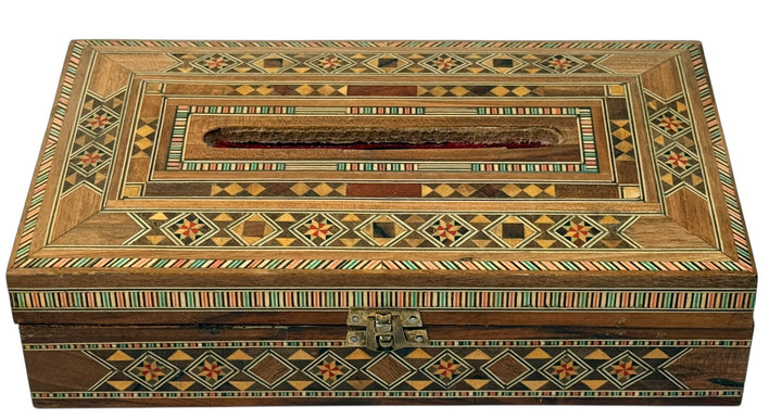 Vintage Syrian or Lebanese marquetry tissue box with geometric mosaic inlay and red felt interior. Handmade decor piece ideal for boho or Middle Eastern style rooms.