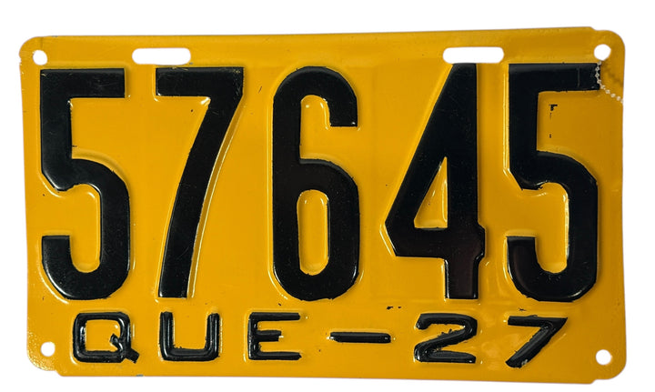 Vintage 1927 Quebec license plate restored in yellow and black. Steel embossed automobilia décor for garage, bar or man-cave. 