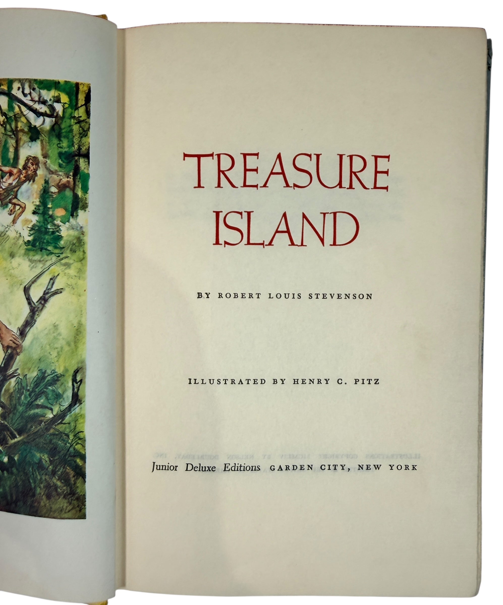 A 1954 Junior Deluxe Illustrated edition of Treasure Island with bright cover art. Vintage children’s classic, clean pages, ideal for décor or gifting.