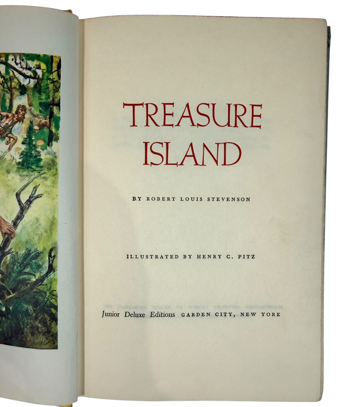 A 1954 Junior Deluxe Illustrated edition of Treasure Island with bright cover art. Vintage children’s classic, clean pages, ideal for décor or gifting.