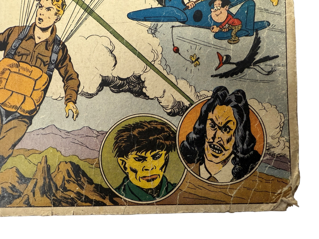 Vintage comic book illustration with a character in a plane and two inset portraits.