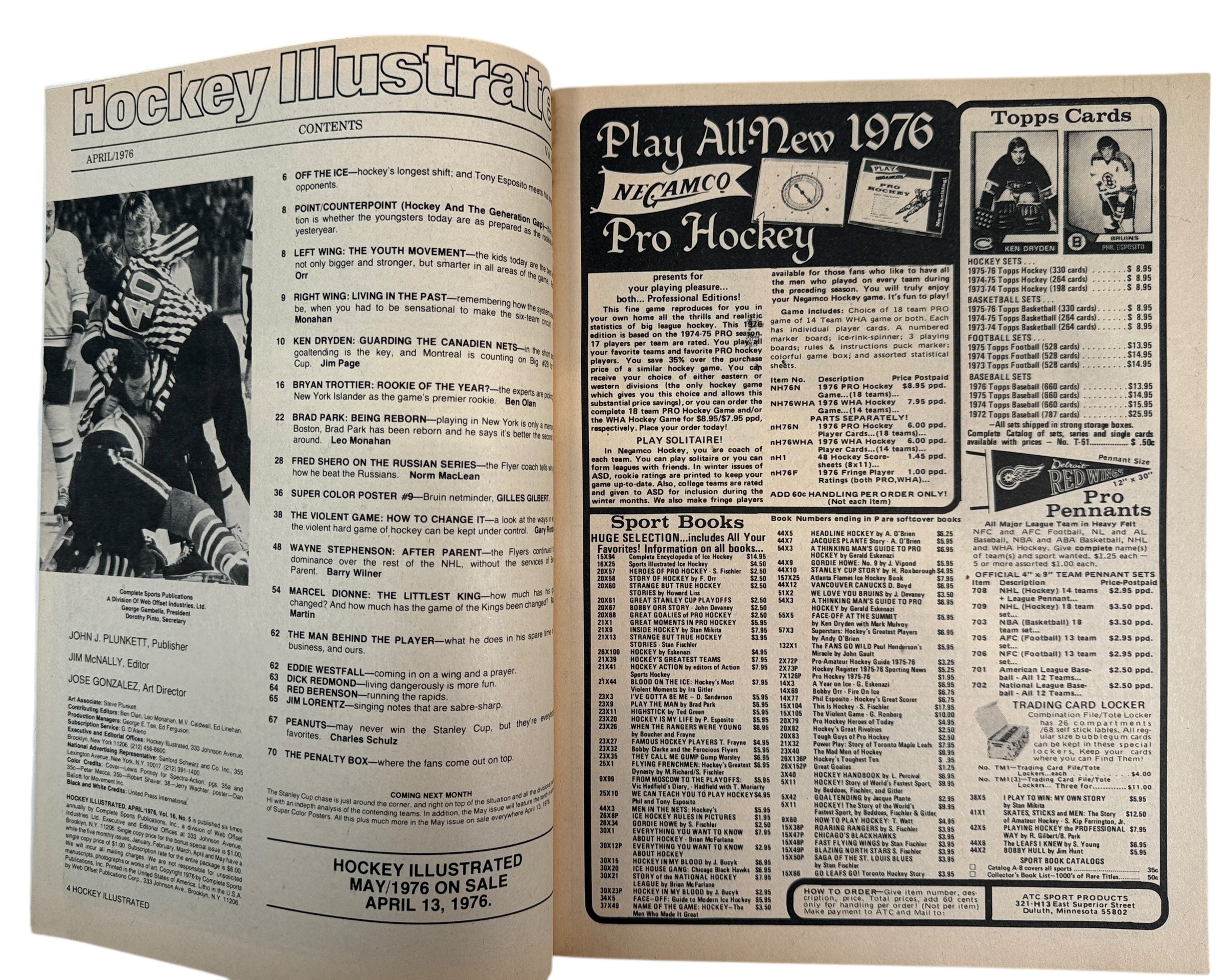 Open book showing pages from 'Hockey Illustrated' magazine with text and images of hockey players.