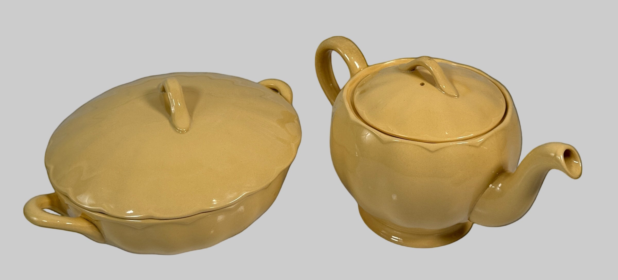 Vintage Grindley England “Laburnum Petal” Yellow Ceramic Set – Teapot, Creamer, Sugar, Covered Vegetable Bowl & Butter Dish