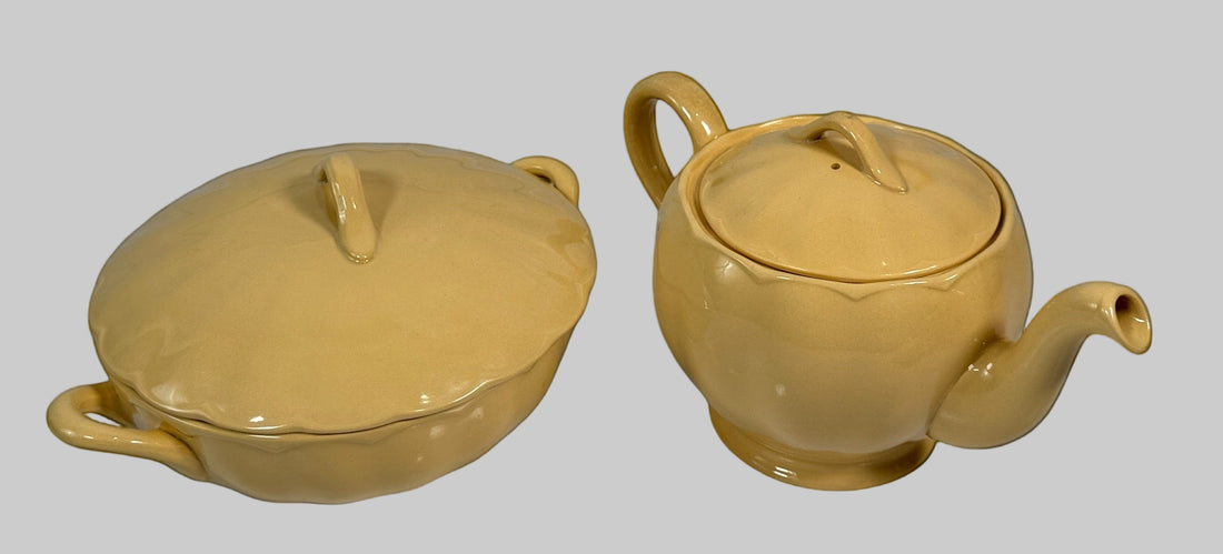 Vintage Grindley England “Laburnum Petal” Yellow Ceramic Set – Teapot, Creamer, Sugar, Covered Vegetable Bowl & Butter Dish