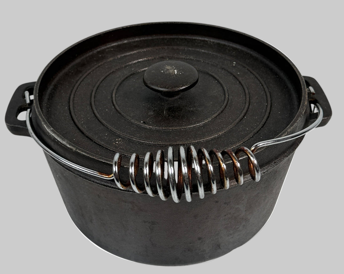 Vintage Benjamin & Medwin Cast Iron Dutch Oven with Coil Bail Handle & Lid – Campfire / Kitchen Use