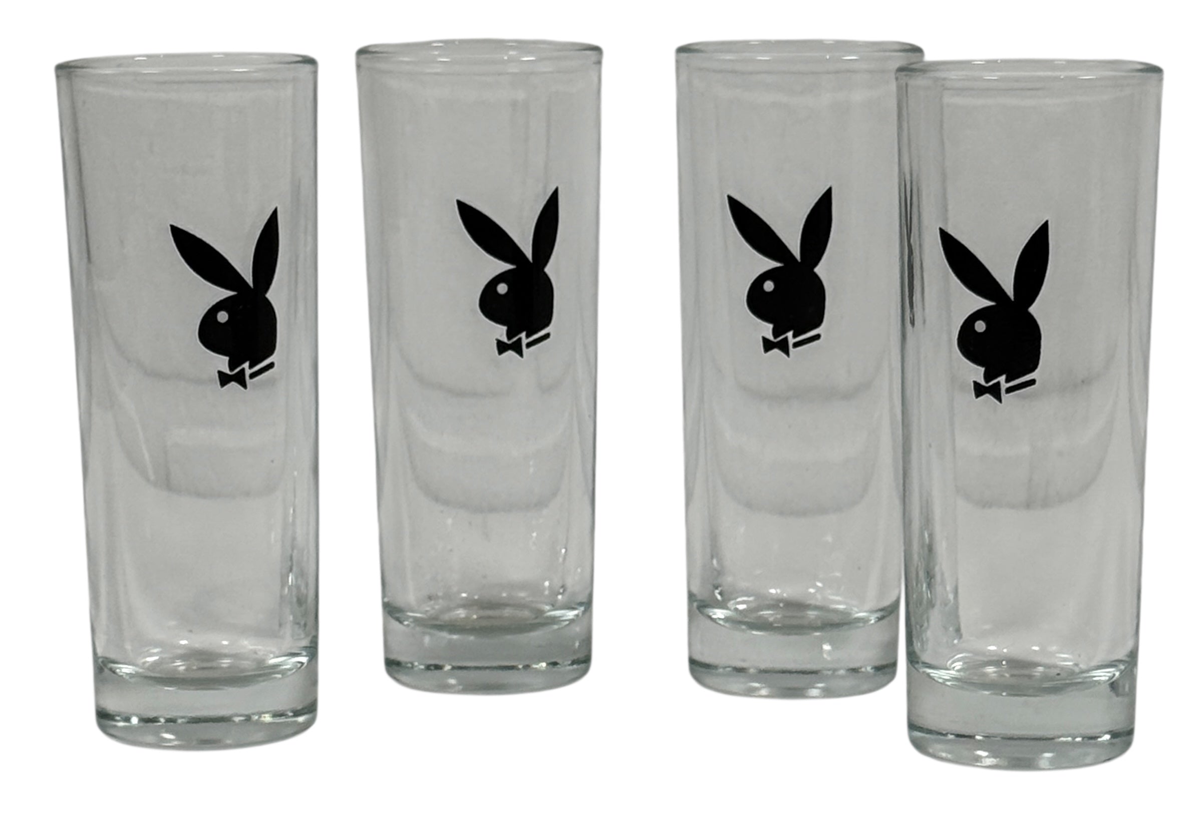 Four clear glasses with black rabbit logo on a white background