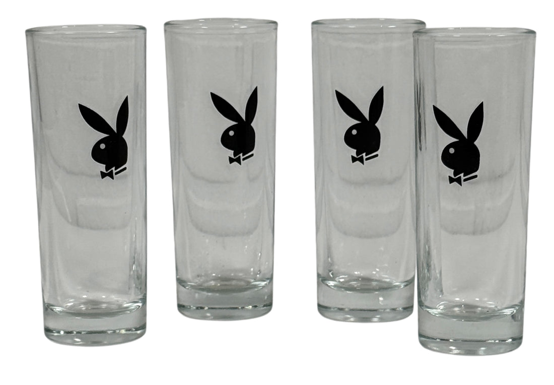Four clear glasses with black rabbit logo on a white background