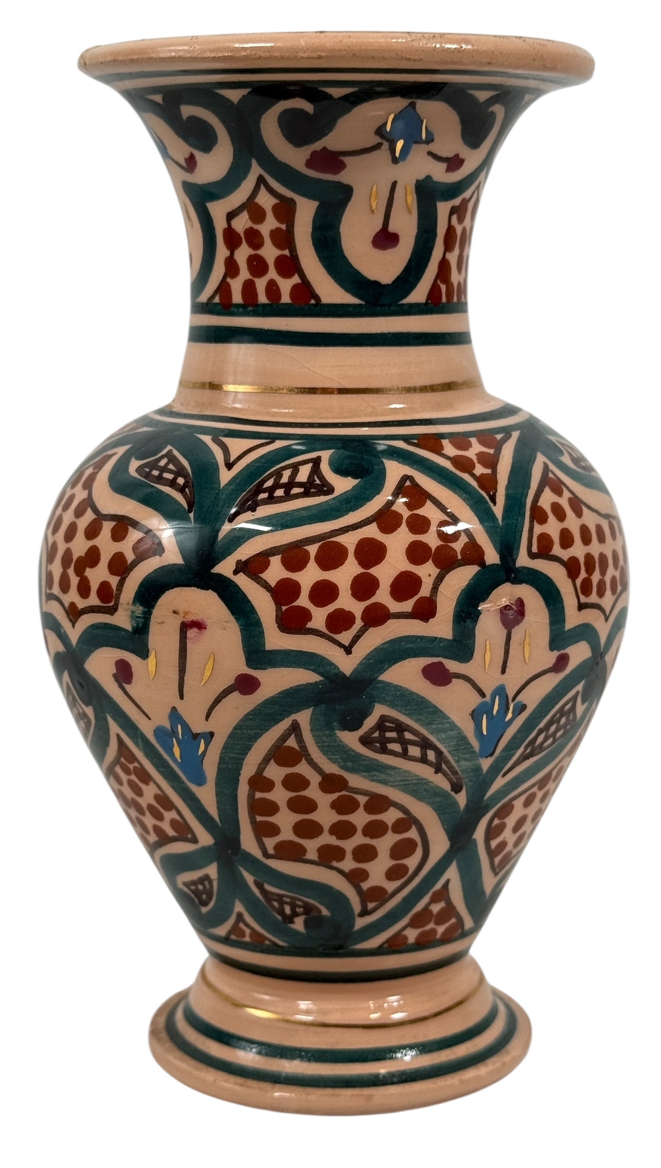 Ceramic vase with decorative patterns on a white background