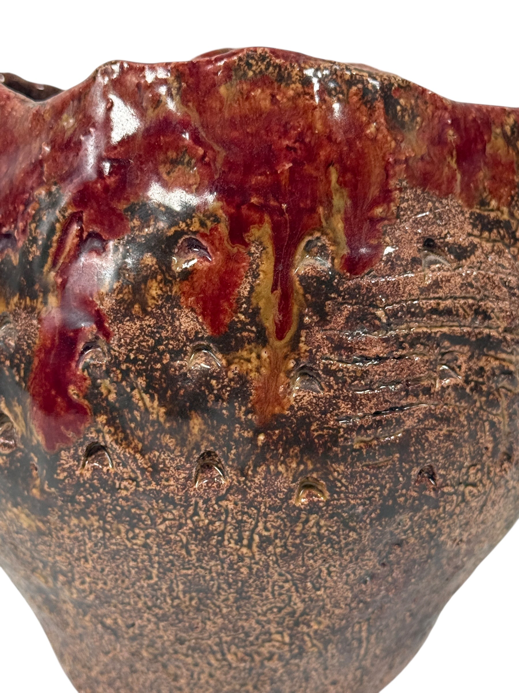 Vintage Canadian Studio Pottery Vase – Signed Claire, Textured Brown with Red Drip Glaze