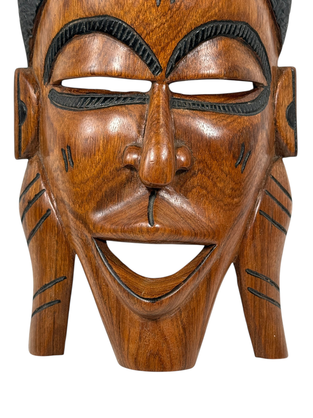 Hand-carved African wooden mask, 15″ tall, Ghana origin. Authentic tribal-style folk art wall décor. Excellent condition, solid wood.