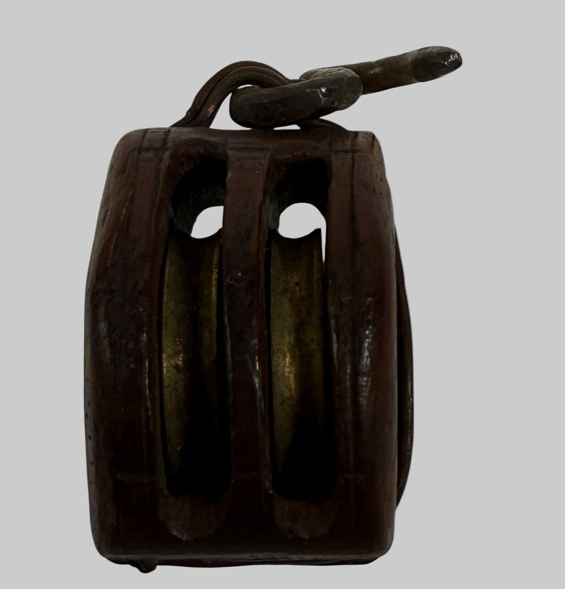  Miniature Wooden Pulley with Brass Wheels & Iron Hook – 1” 