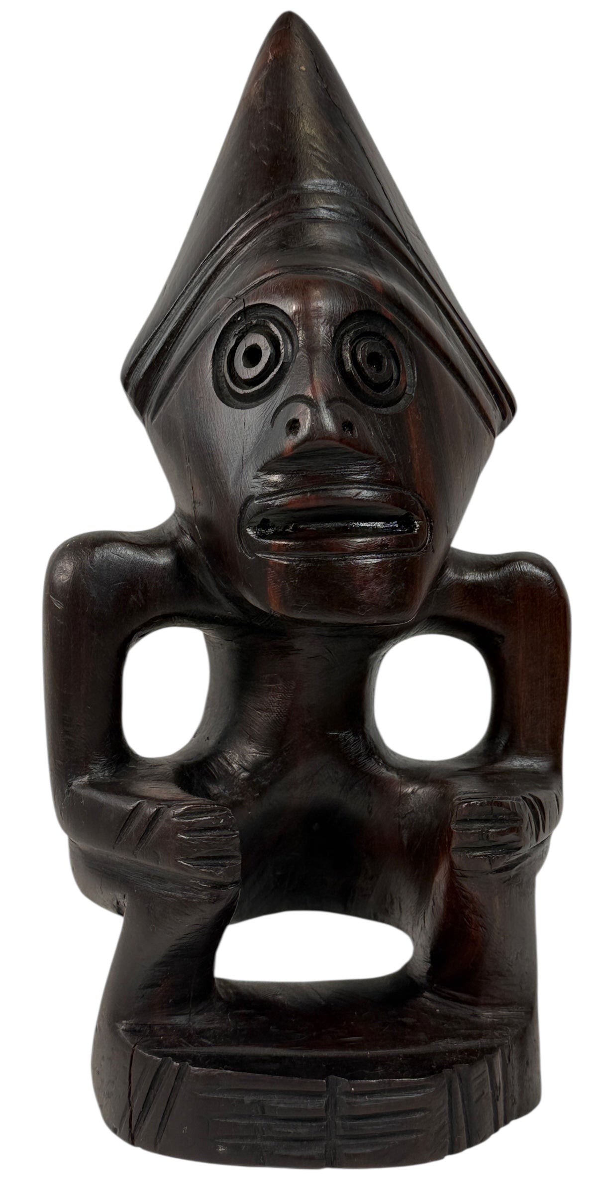 Mid-century African hardwood carving of crouching cone-head figure, hand-carved mahogany or sapele, export-era vintage art, 1950s–70s decorative sculpture.