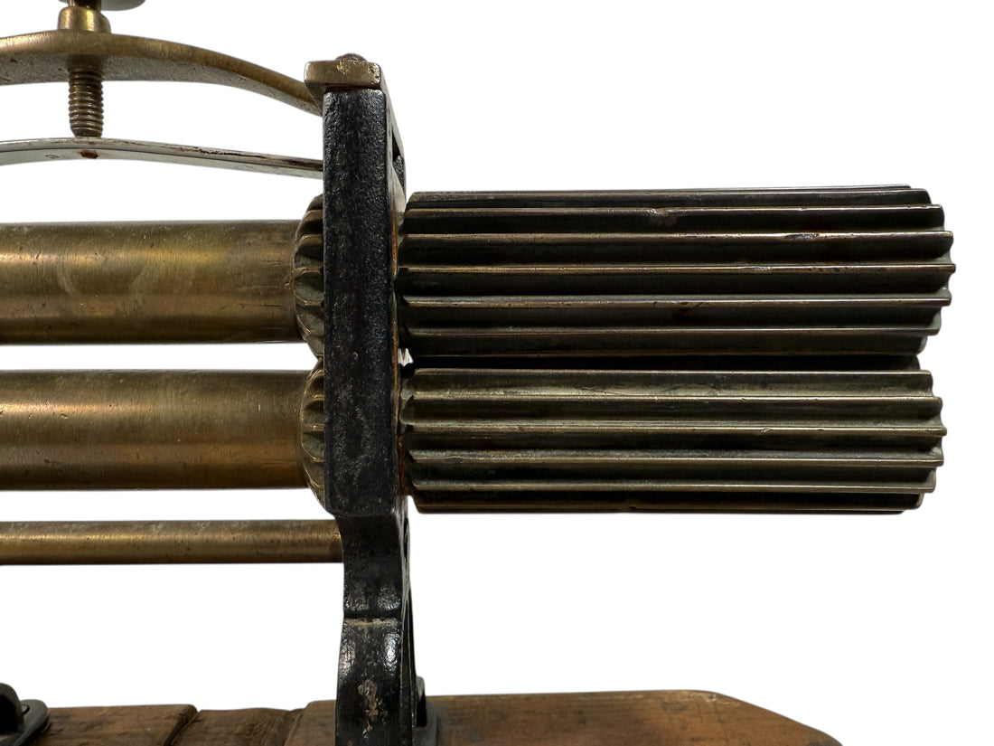 Antique 19th-century brass &amp; iron fluting iron pleater with wood base. Beautiful Victorian textile tool—collector’s décor from Eco Depot Montreal.