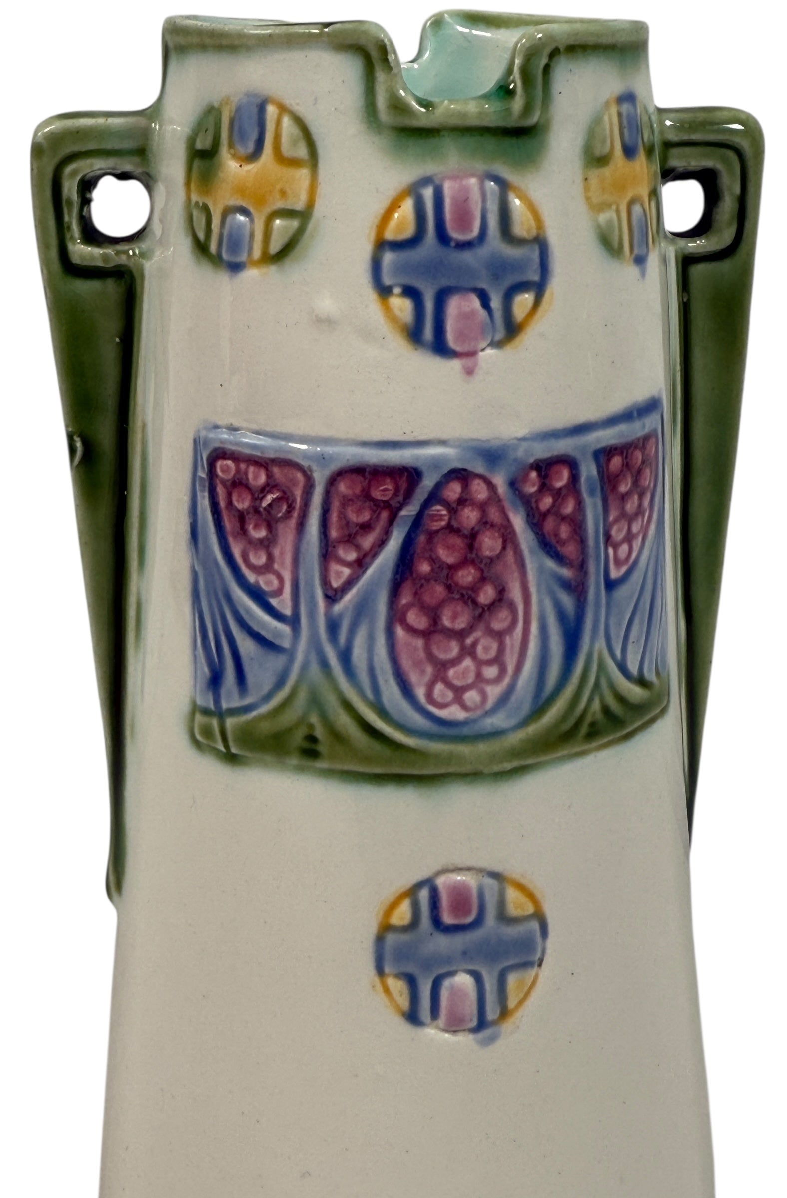 Unmarked Art Nouveau ceramic vase with twin handles &amp; raised berry motif, model 41243, circa 1900s. Elegant European collectible décor.