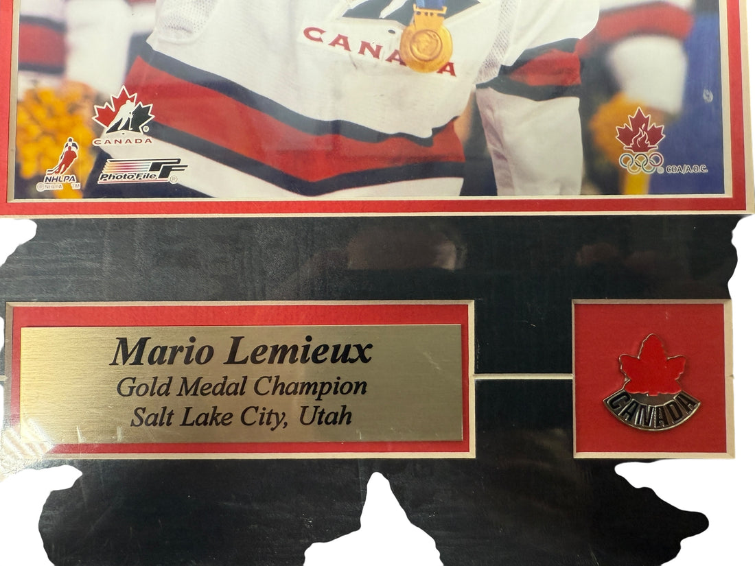 Factory-sealed Mario Lemieux PhotoFile plaque – Team Canada 2002 Olympic Gold Medal Champion, Salt Lake City. Official NHLPA collectible.