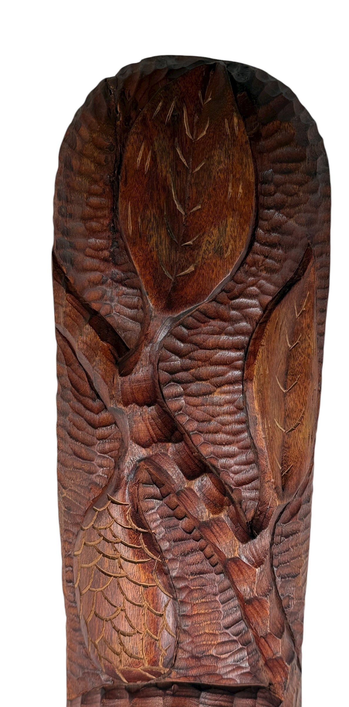 Wooden sculpture of a bird with detailed carvings on a white background