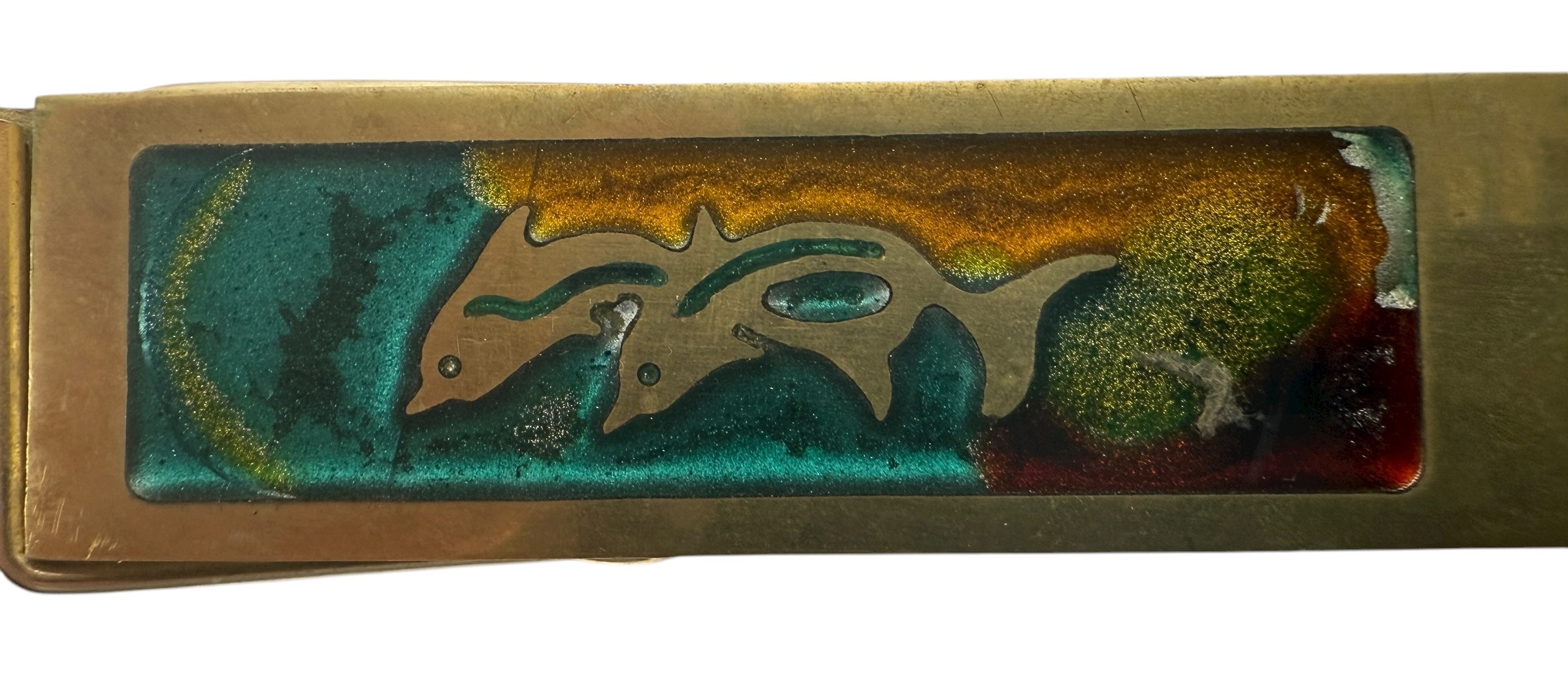 Vintage 1970s brass oversized clothespin clip with colorful enamel inset—5¾″ desk paperweight or décor accent. Mid-century modern charm.